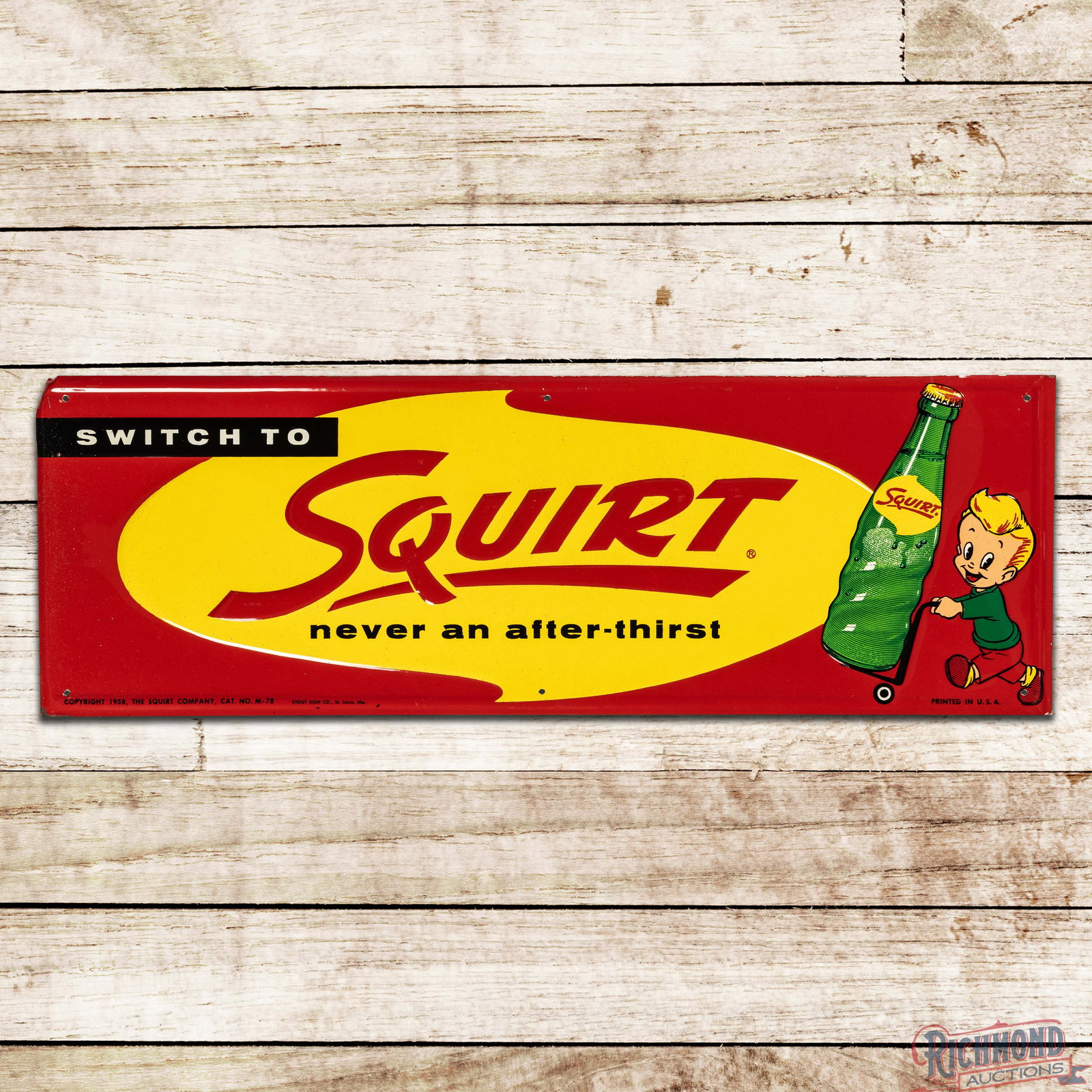 Switch to Squirt "Never an After-Thirst" Emb. Single Sided Tin Sign w/ Boy & Bottle (1 of 3)