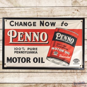 Change Now to Penno 100% Pure Pennsylvania Motor Oil Framed Canvas Banner w/ Quart Can & PA Seal