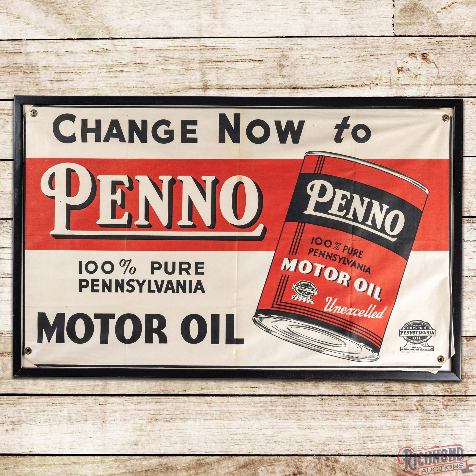 Change Now to Penno 100% Pure Pennsylvania Motor Oil Framed Canvas Banner w/ Quart Can & PA Seal: Single sided canvas banner with an added wooden frame has very good color. The banner has fold marks with a small area of discoloration in the "O" of Penno and a few tiny non-factory holes. All four f