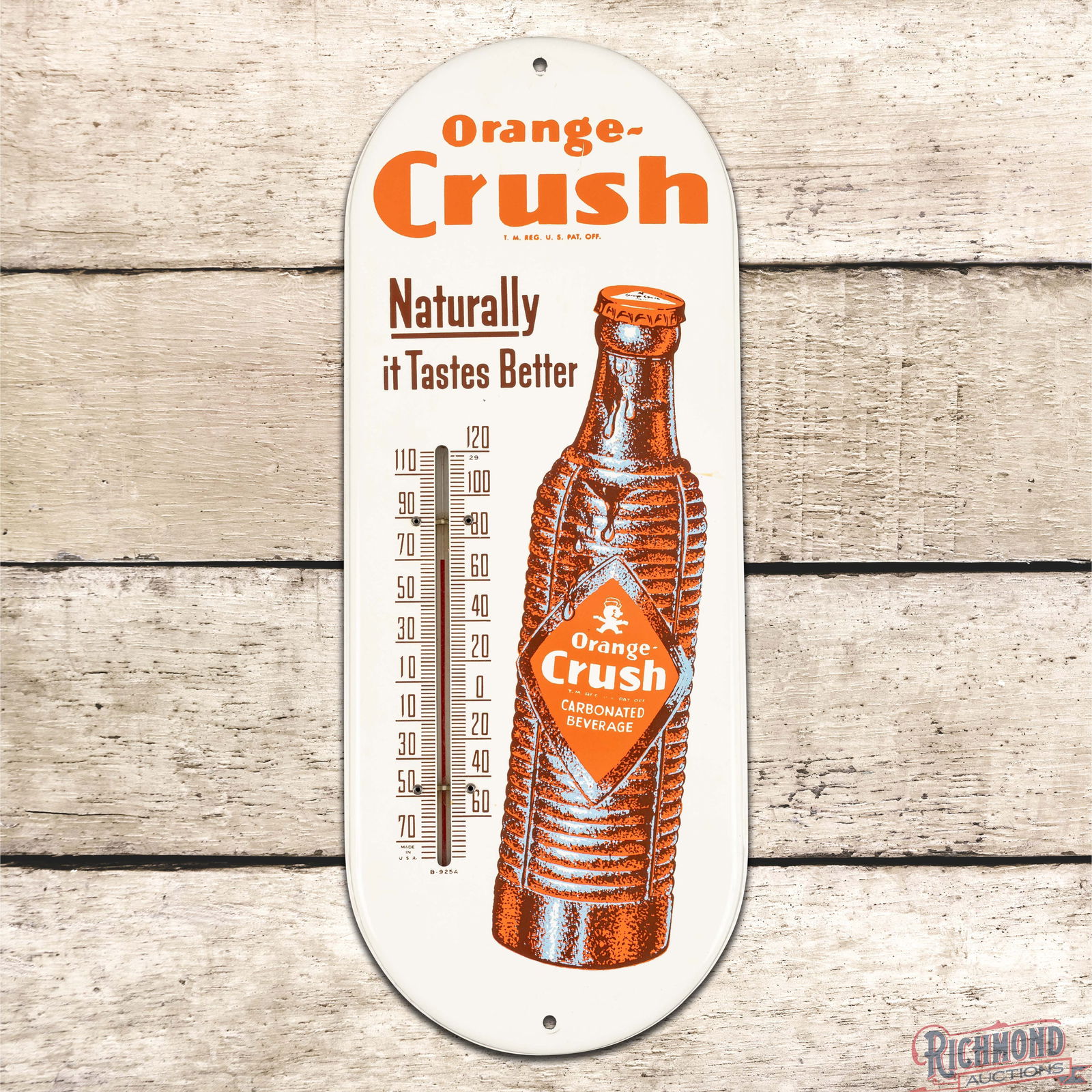 Orange Crush "Naturally It Tastes Better" Single Sided Tin Advertising Thermometer w/ Bottle (1 of 3)