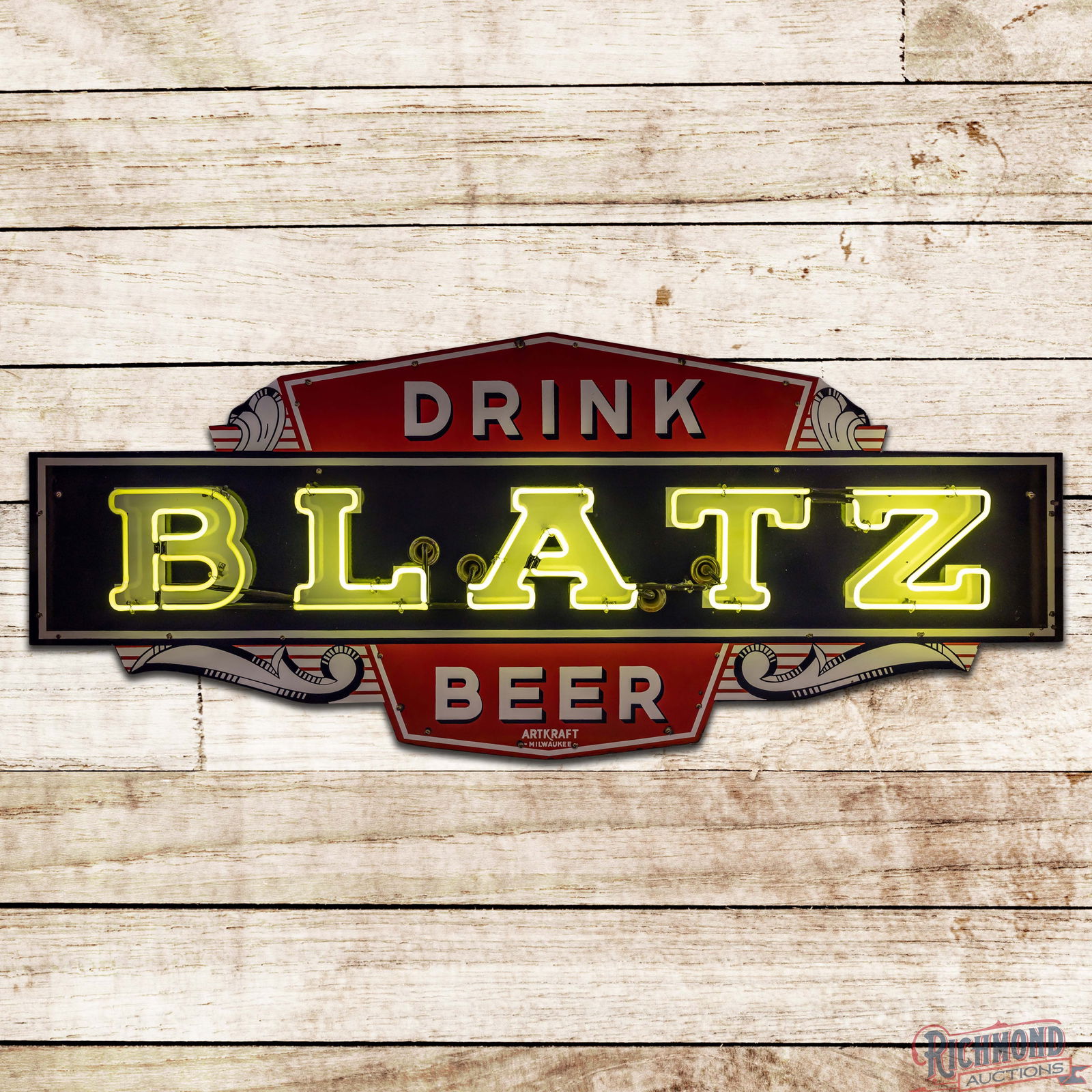 Excellent Drink Blatz Beer Die Cut 6' Single Sided Porcelain Factory Neon Sign: SSP (Single Sided Porcelain) die cut factory neon sign with the original metal can has outstanding color and gloss. The sign is exceptionally clean with tiny chips at mounting screws and a flea bite i