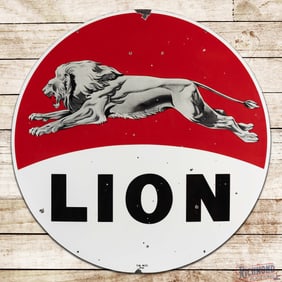 1960 Lion Gasoline 5' Double Sided Porcelain ID Sign w/ Leaping Lion