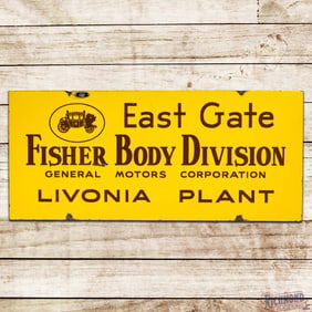 Fisher Body Division GM General Motors Livonia Plant East Gate Double Sided Porcelain Sign w/ Logo