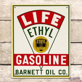 NOS Life Ethyl Gasoline Barnett Oil Co. Single Sided Tin Pump Plate Sign w/ Logo