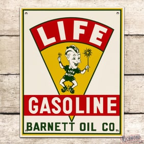 NOS Life Gasoline Barnett Oil Co. Single Sided Tin Pump Plate Sign w/ Elf