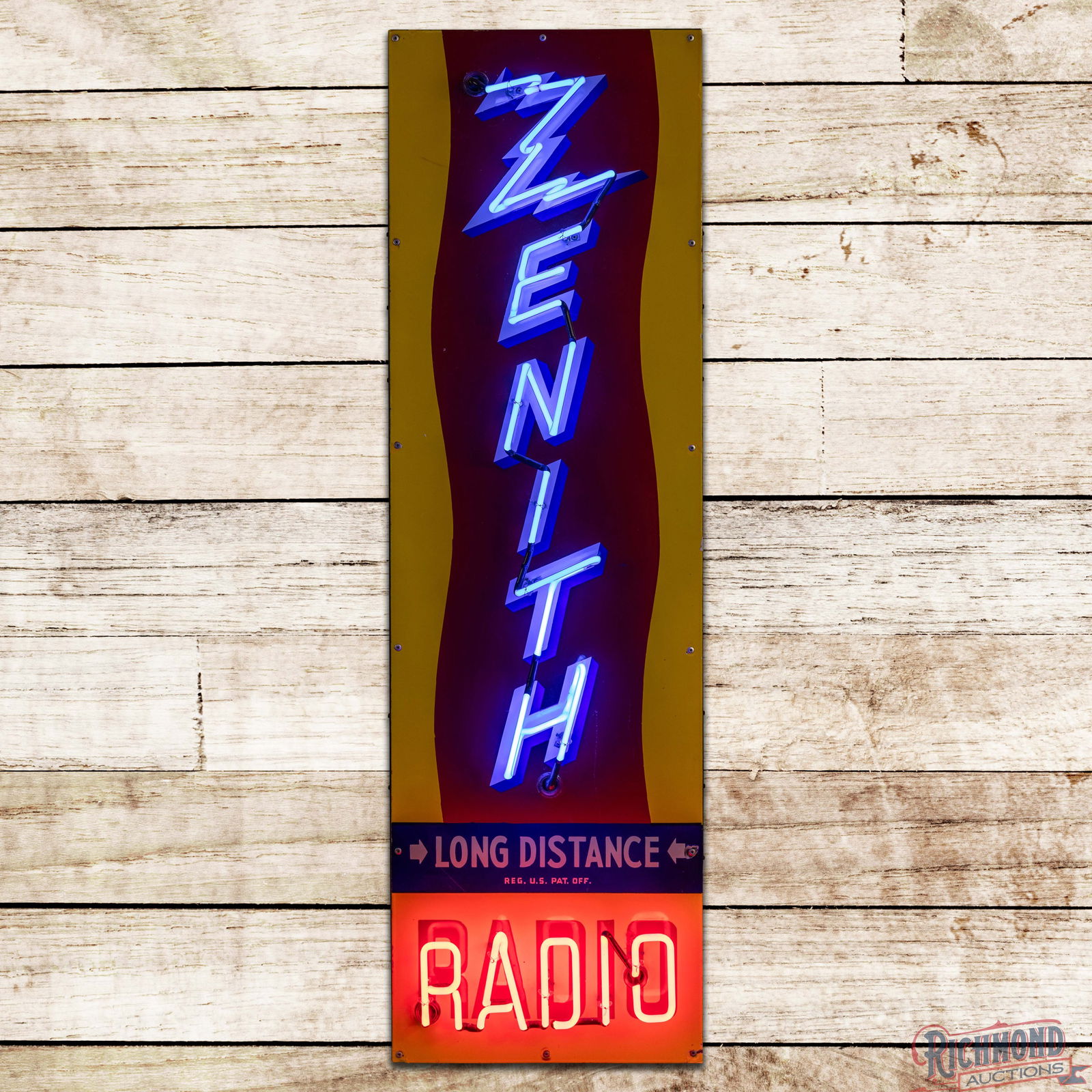 Zenith Long Distance Radio 5' Vertical Single Sided Porcelain Neon Sign: SSP (Single Sided Porcelain) sign with added neon and metal can has excellent color and gloss. The sign features two-color neon with classic "Zenith" lettering with a stylized lightning bolt. The fiel