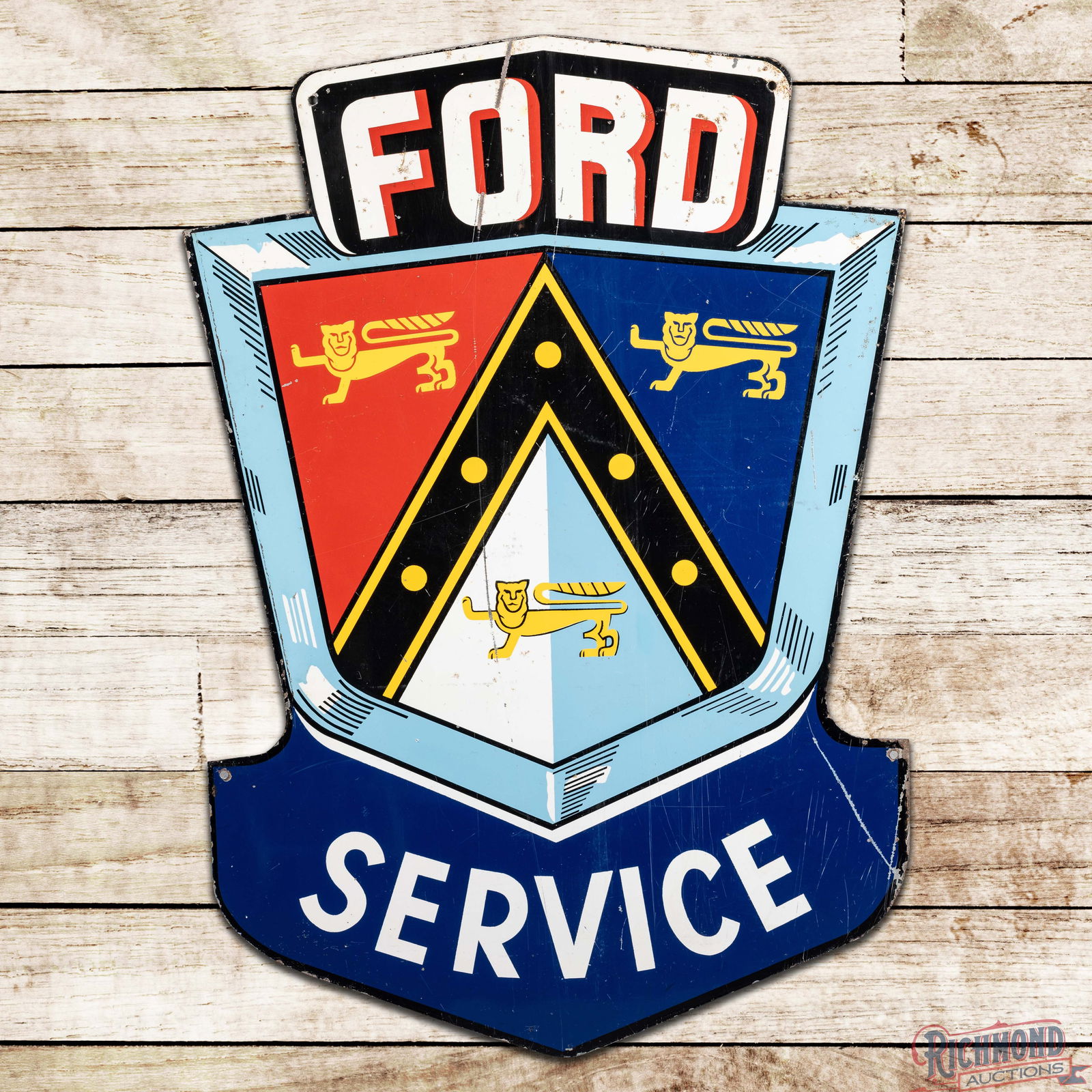 Scarce Ford Service 45" Die Cut Double Sided Tin Sign w/ Jubilee Crest Logo: DST (Double Sided Tin) die cut sign has good color and shine. The display has surface wear with scratches and paint chips in the field with areas of oxidation in the upper fields. The perimeter wear