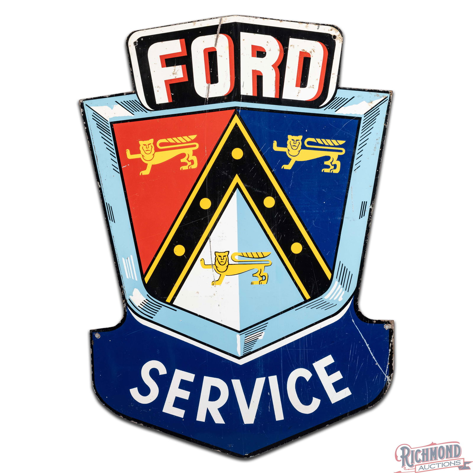 Scarce Ford Service 45" Die Cut Double Sided Tin Sign w/ Jubilee Crest Logo - 2