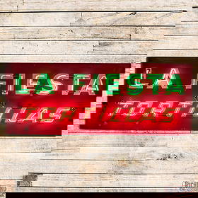La Fiesta Tortillas 6' Double Sided Porcelain Factory Neon Sign: DSP (Double Sided Porcelain) factory neon sign with the original metal can has excellent color and gloss. The display has light wear with chips in the fields and perimeter. The reverse is in a similar