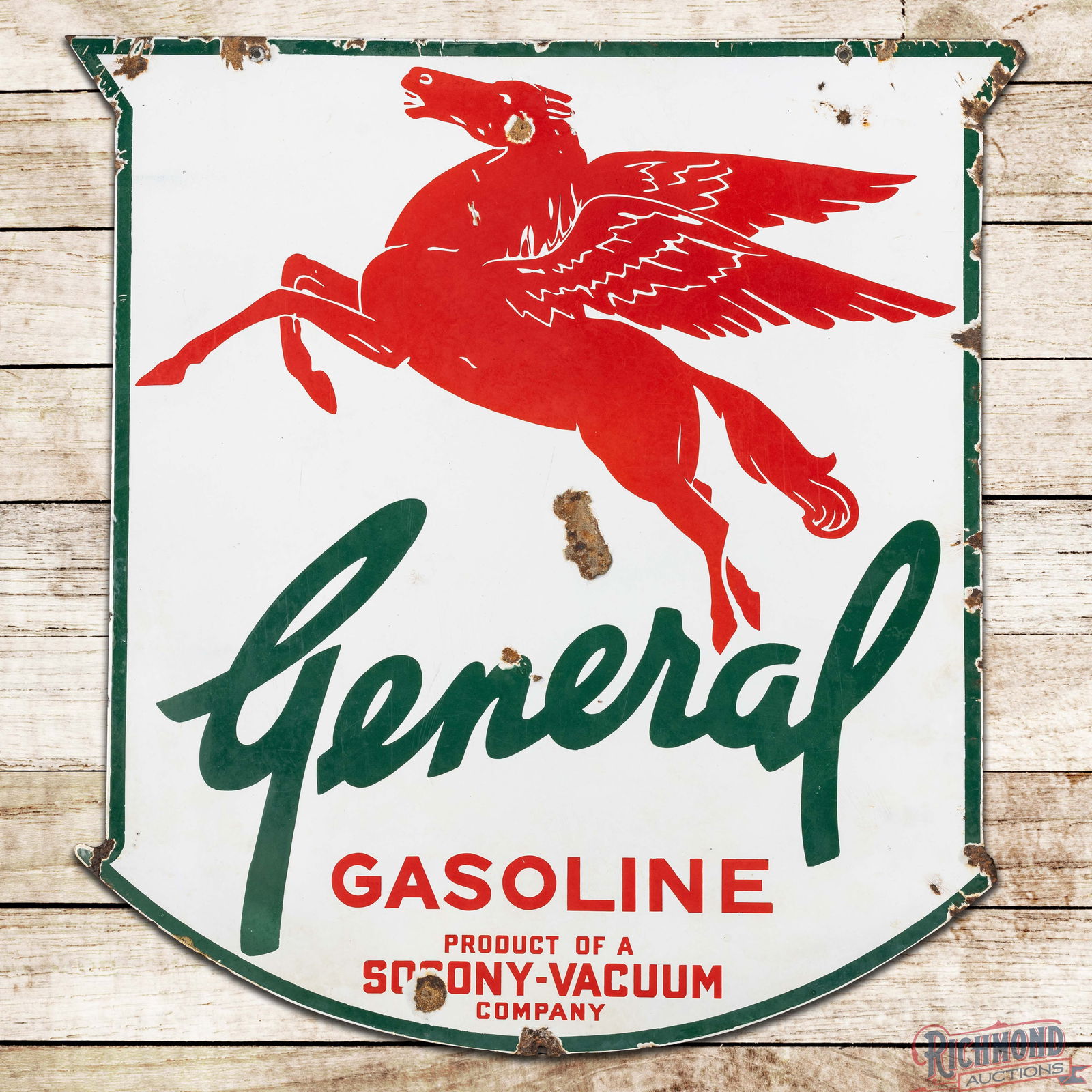 Rare General Gasoline Socony Vacuum Co 42" Double Sided Porcelain Shield Sign w/ Pegasus "Green": DSP (Double Sided Porcelain) die cut shield sign has good color and gloss. The display has surface wear with chips and bruises in the fields. The perimeter has areas of discoloration, chips, and
