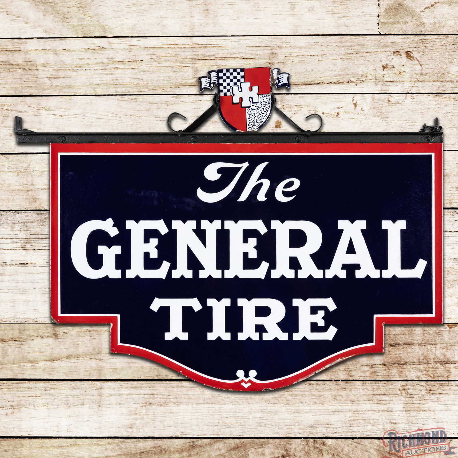 The General Tire Double Sided Porcelain Die Cut Sign w/ Bracket: DSP (Double Sided Porcelain) die cut sign with bracket has excellent color and gloss. Side #1 is very clean overall with light surface wear in the fields, small chips along the outer edges and a