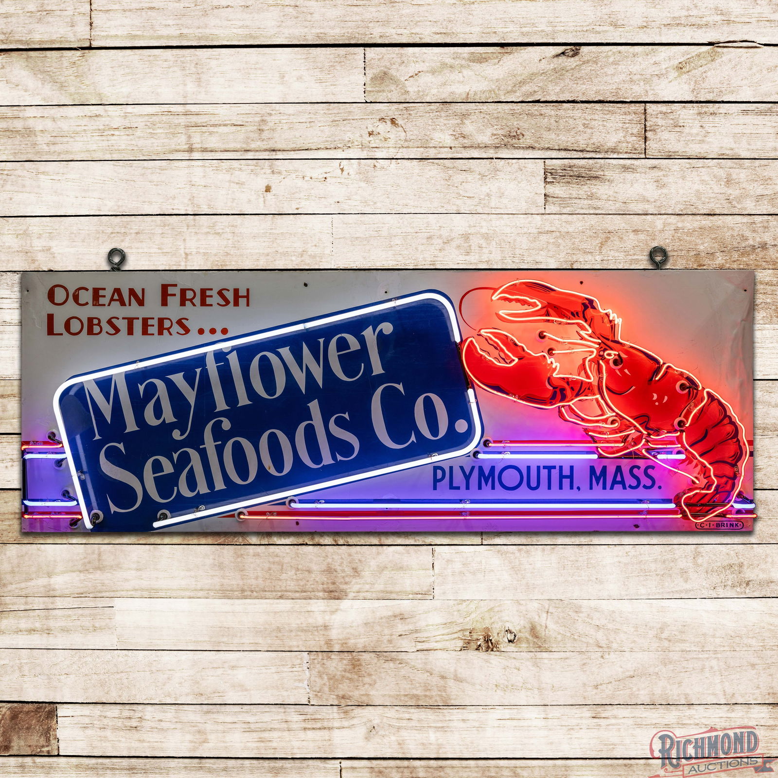 Mayflower Seafoods Co. "Ocean Fresh Lobsters" 7' Single Sided Porcelain Neon Sign Plymouth Mass: SSP (Single Sided Porcelain) rolled edge sign with added neon and a new metal can has very good color and gloss. The sign features three-color neon with a large lobster graphic in the right field. The