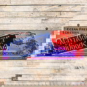 Mayflower Seafoods Co. "Ocean Fresh Lobsters" 7' Single Sided Porcelain Neon Sign Plymouth Mass: SSP (Single Sided Porcelain) rolled edge sign with added neon and a new metal can has very good color and gloss. The sign features three-color neon with a large lobster graphic in the right field.