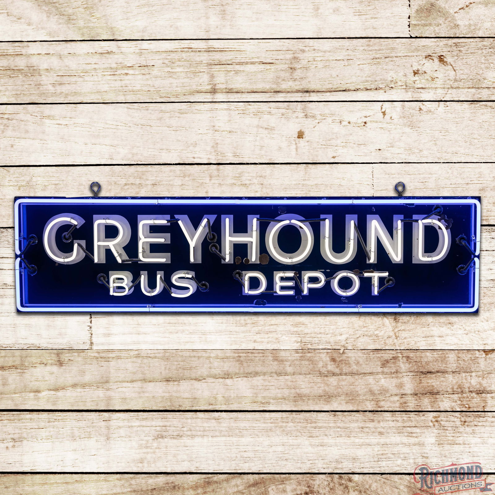 Greyhound Bus Depot 6' Single Sided Porcelain Neon Sign: SSP (Single Sided Porcelain) sign with added neon and a new metal can has excellent color and gloss. The sign features two-color neon with "flashing" Bus Depot lettering. The field exhibits chips with