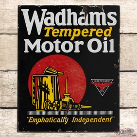 Wadhams Tempered Motor Oil "Emphatically Independent" Double Sided Porcelain Flange Sign w/ Logo