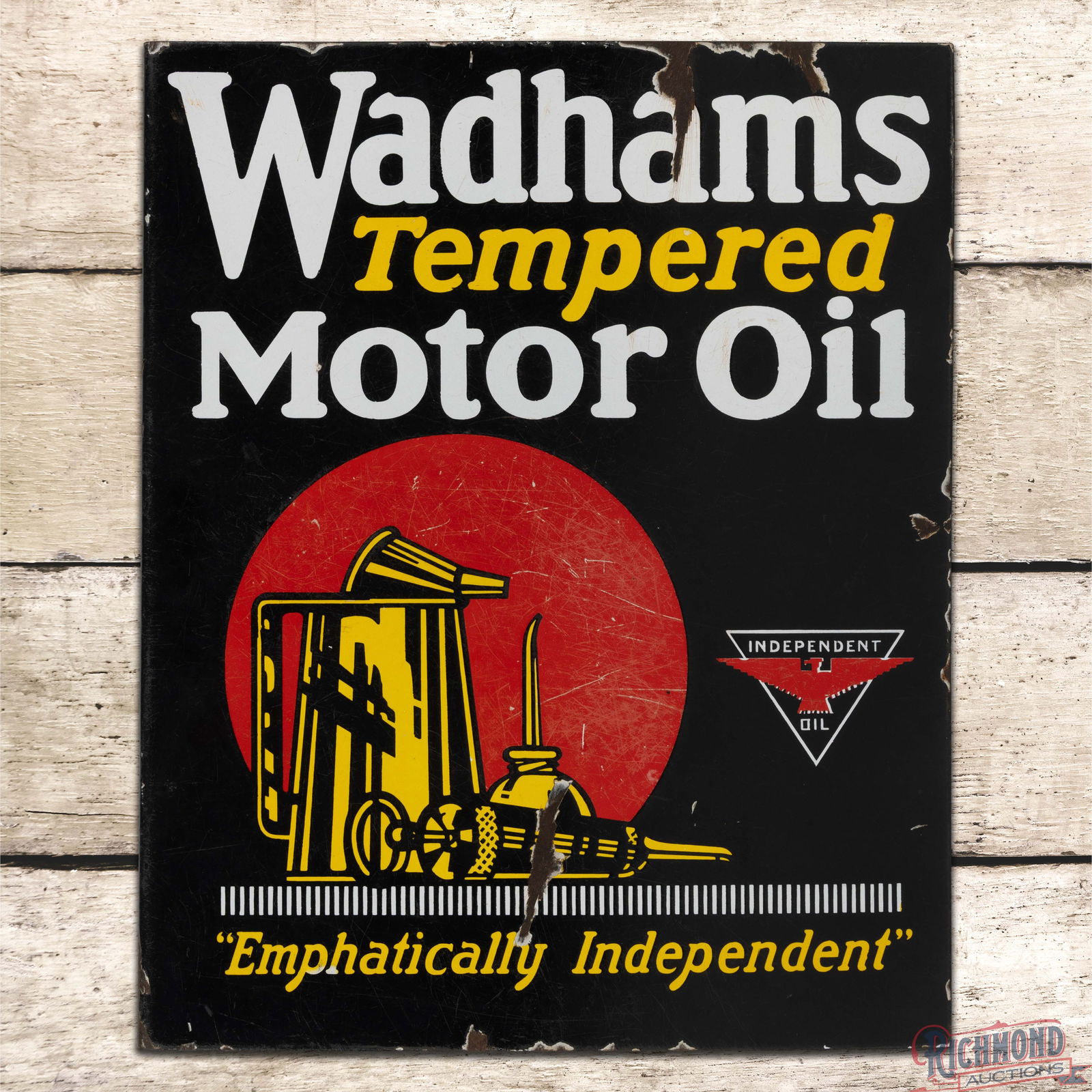 Wadhams Tempered Motor Oil "Emphatically Independent" Double Sided Porcelain Flange Sign w/ Logo: DSP (Double Sided Porcelain) flange has very good color and gloss. The display has surface imperfections with small chips in the outer fields. The perimeter has areas of minor crazing with chips