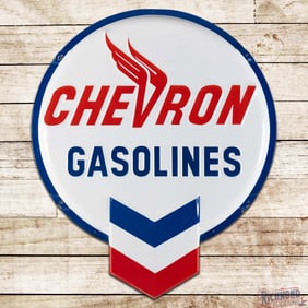 Outstanding Chevron Gasolines 5' Emb. Single Sided Porcelain Die Cut Button Sign w/ Hallmark