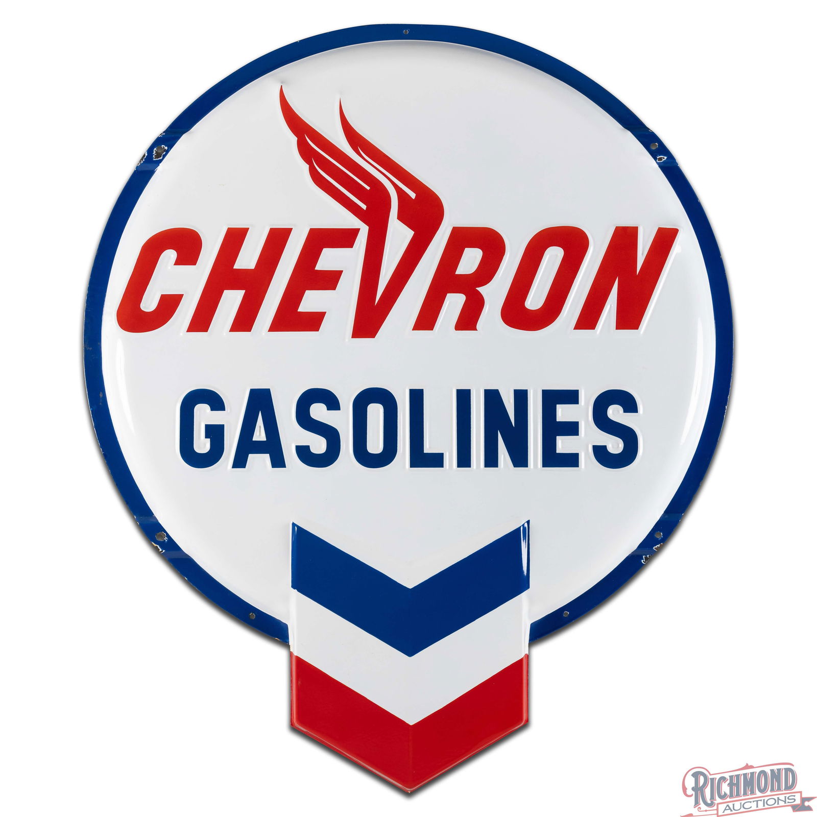 Outstanding Chevron Gasolines 5' Emb. Single Sided Porcelain Die Cut Button Sign w/ Hallmark - 2