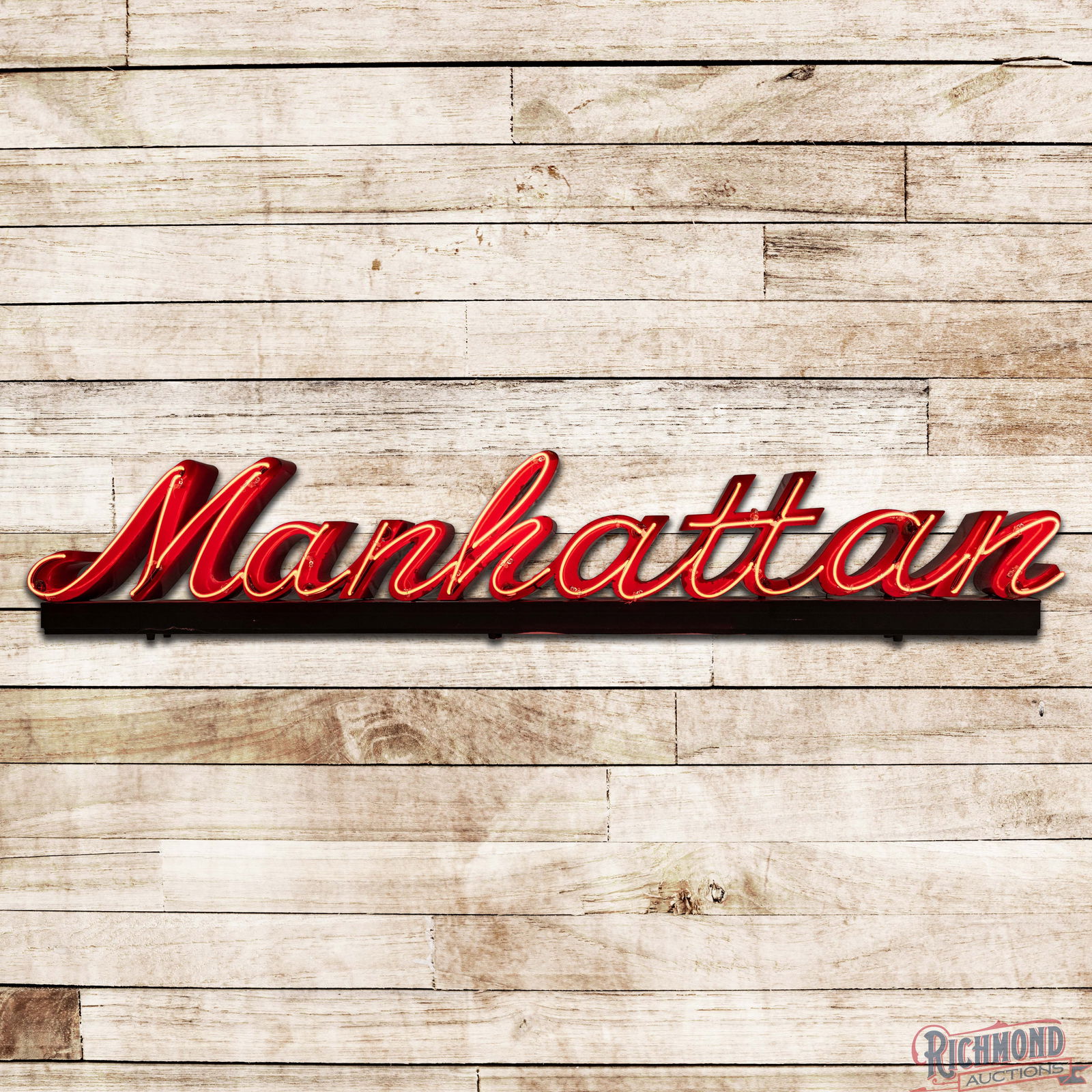 Manhattan 8' 3D Die Cut Single Sided Porcelain Factory Neon Sign: SSP (Single Sided Porcelain) three-dimensional factory neon lettering sign has excellent color and gloss. ?The sign features single-color neon with a unique cursive font. ?The sign presents with small
