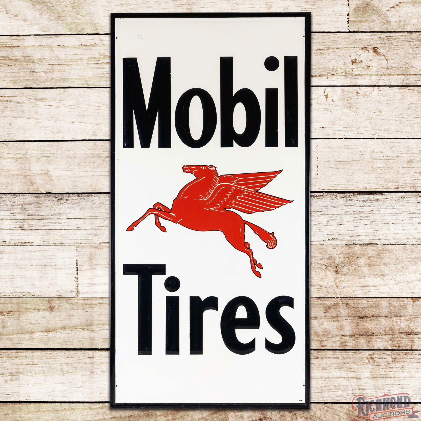 Mobil Tires Emb. Single Sided Tin Sign w/ Pegasus: SST (Single Sided Tin) embossed self-framed sign with factory wooden support frame has excellent color and shine. The field is very clean overall with a fine scratch and minor imperfections in the