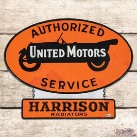 Scarce United Motors Authorized Service Harrison Radiators DS Porcelain Die Cut Sign w/ Automobile