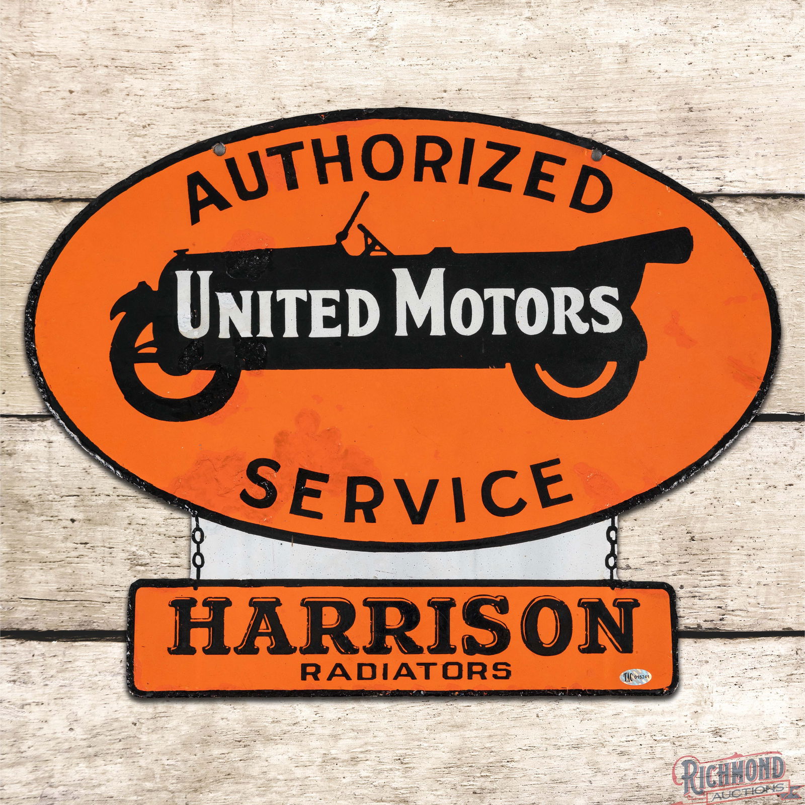 Scarce United Motors Authorized Service Harrison Radiators DS Porcelain Die Cut Sign w/ Automobile: DSP (Double Sided Porcelain) die cut sign has good color and gloss. The display has surface wear with numerous color matched chips in the fields and outer edges. The reverse has larger chips with area