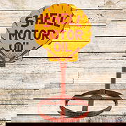 1929 Shell Motor Oil 25" Die Cut Double Sided Porcelain Curb Sign: DSP (Double Sided Porcelain) die cut curb sign with factory stand has excellent color and gloss. The display has areas of light surface wear with fine scratches in the left field and crazing in the