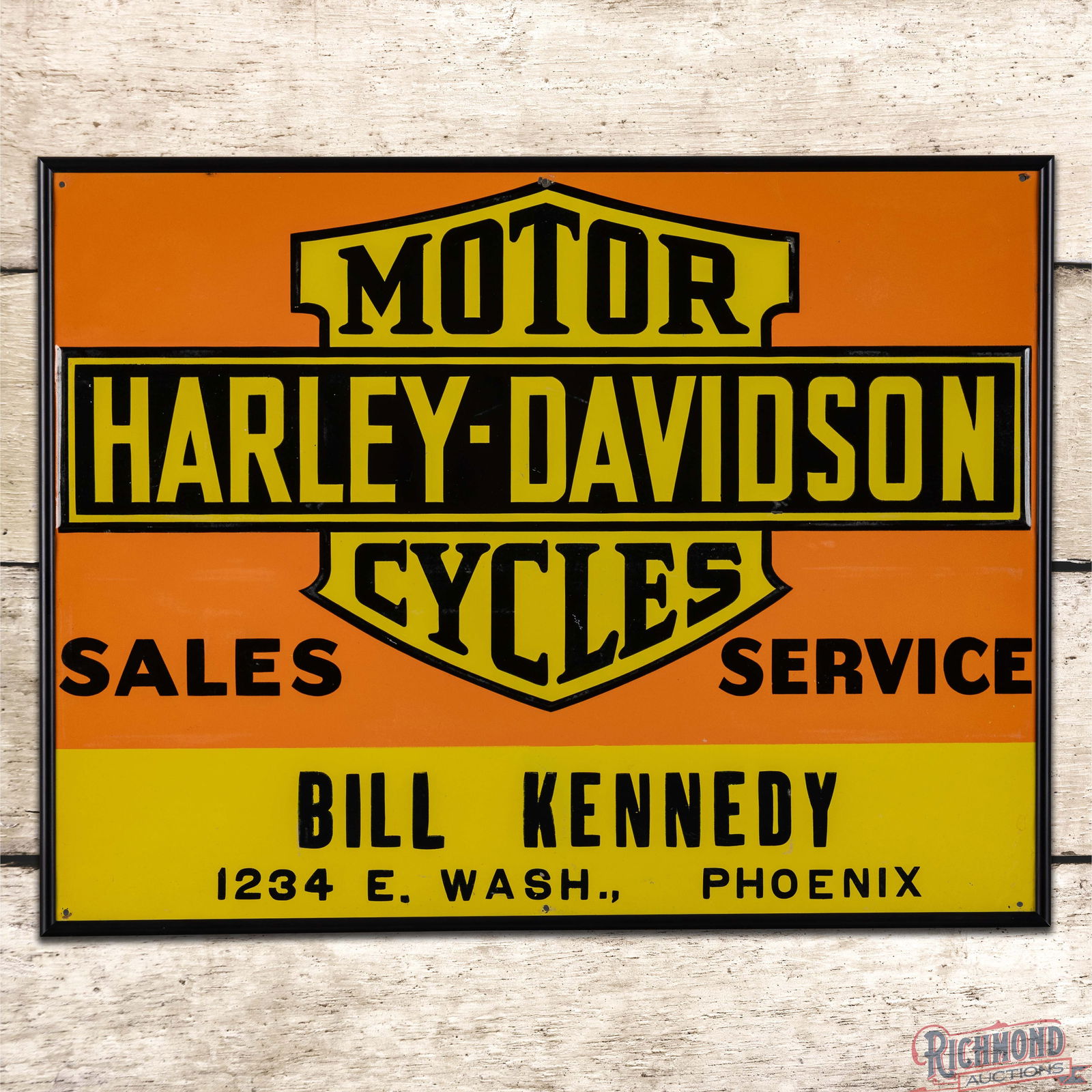 Harley Davidson Motor Cycles Sales Service Emb. Single Sided Tin Sign: SST (Single Sided Tin) embossed sign with an added metal frame has excellent color and shine. The field has light wear with paper marks and faint bends. The perimeter has small paint chips at the