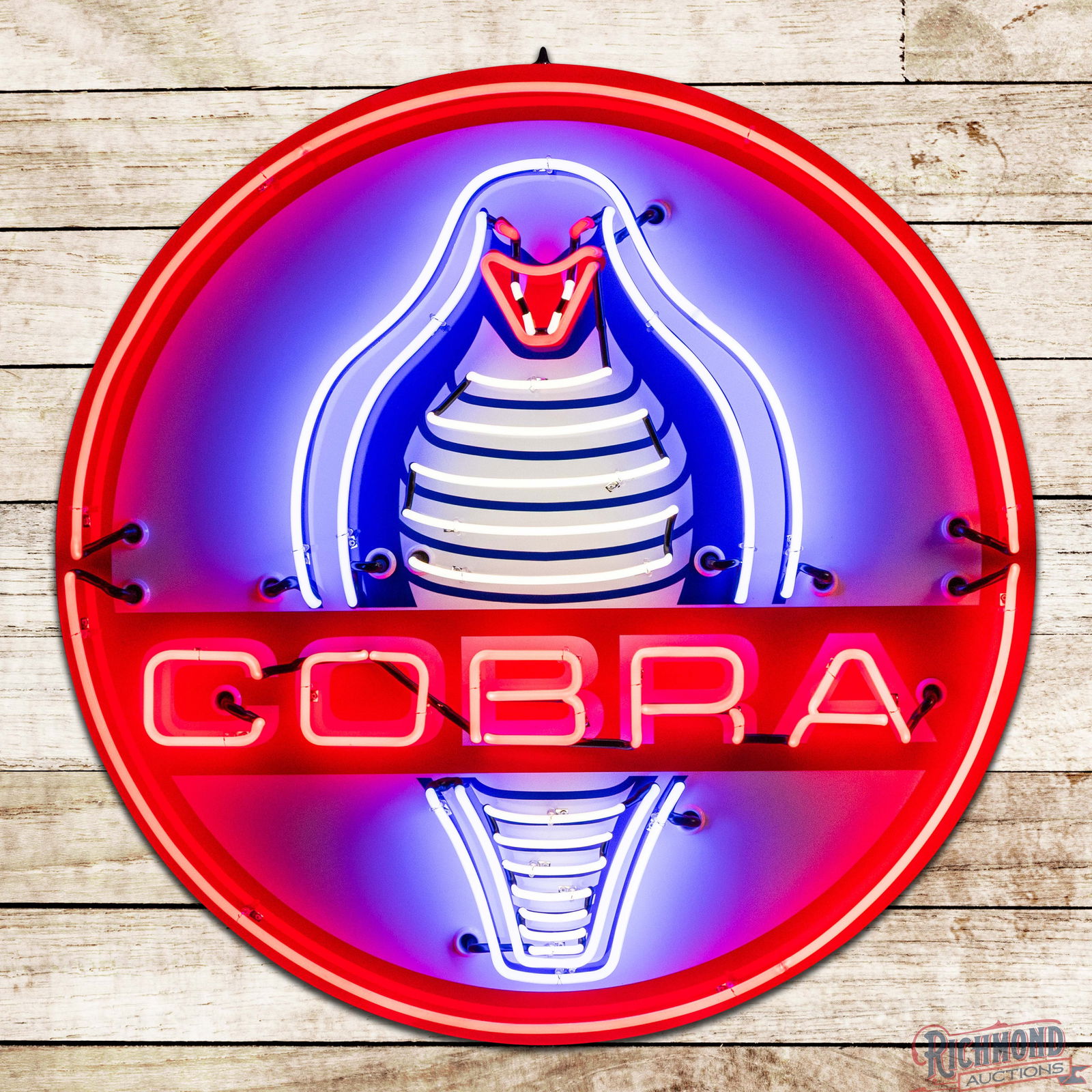 Custom Shelby Cobra Single Sided Tin Neon Sign w/ Snake Logo: SST (Single Sided Tin) custom neon sign with a new metal can has outstanding color and shine. The display features the iconic Cobra logo with snake graphic. The sign is in exceptional condition and