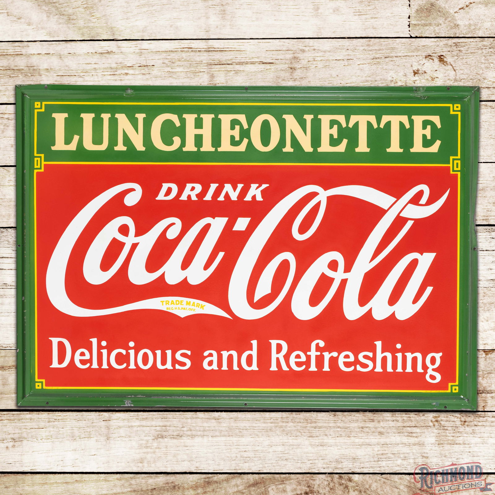 Fantastic 1933 Luncheonette Drink Coca Cola "Delicious and Refreshing" 5' Single Sided Porcelain: SSP (Single Sided Porcelain) self-framed sign has excellent color and gloss. The fields are clean with minor cloudiness to the white porcelain enamel. The perimeter has light wear and chips to the