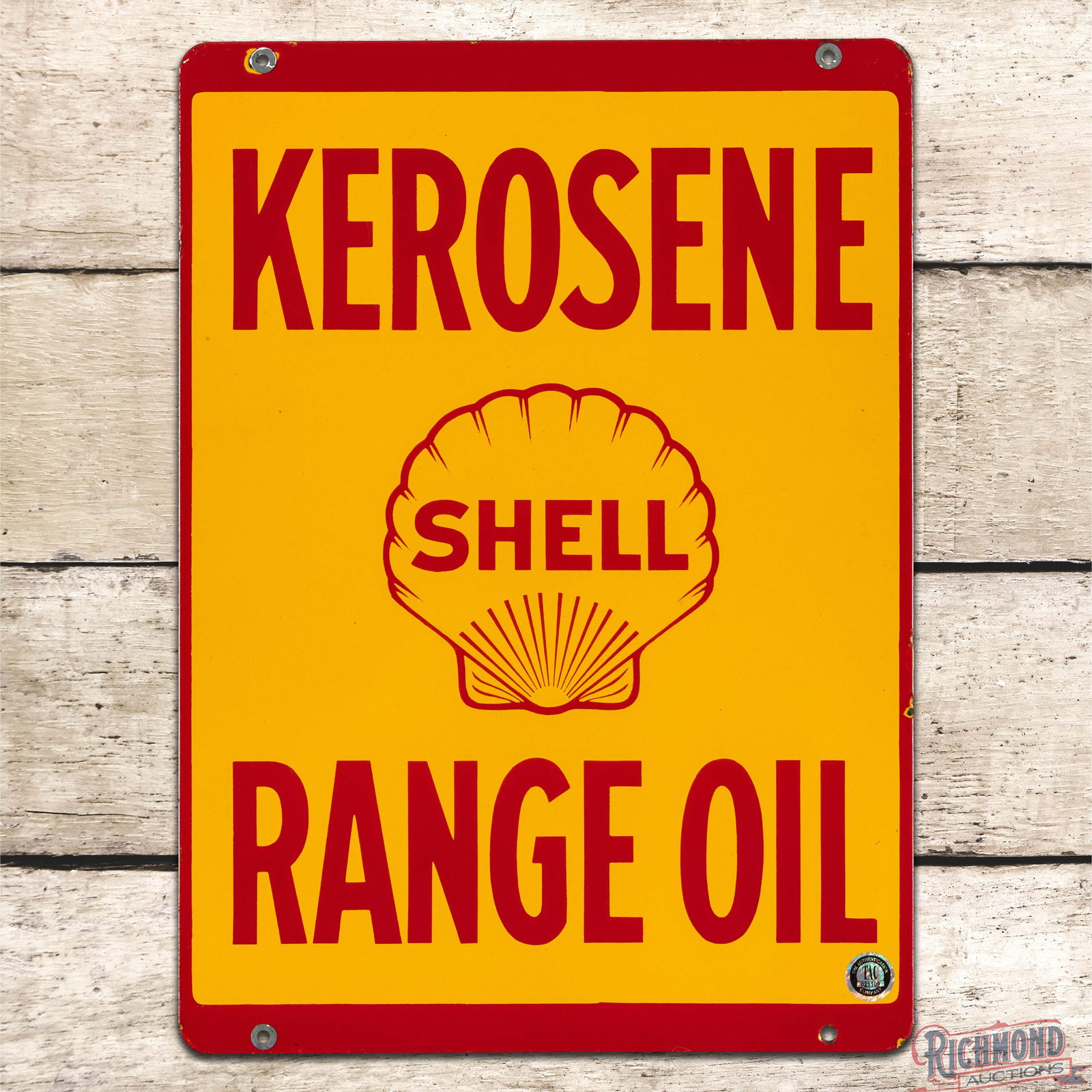 Rare Shell Kerosene Range Oil Double Sided Porcelain Sign w/ Logo: DSP (Double Sided Porcelain) sign has outstanding color and gloss. Side #1 has a clean field with small chips along the outer edges. The reverse is in a similar condition with a chip at the upper
