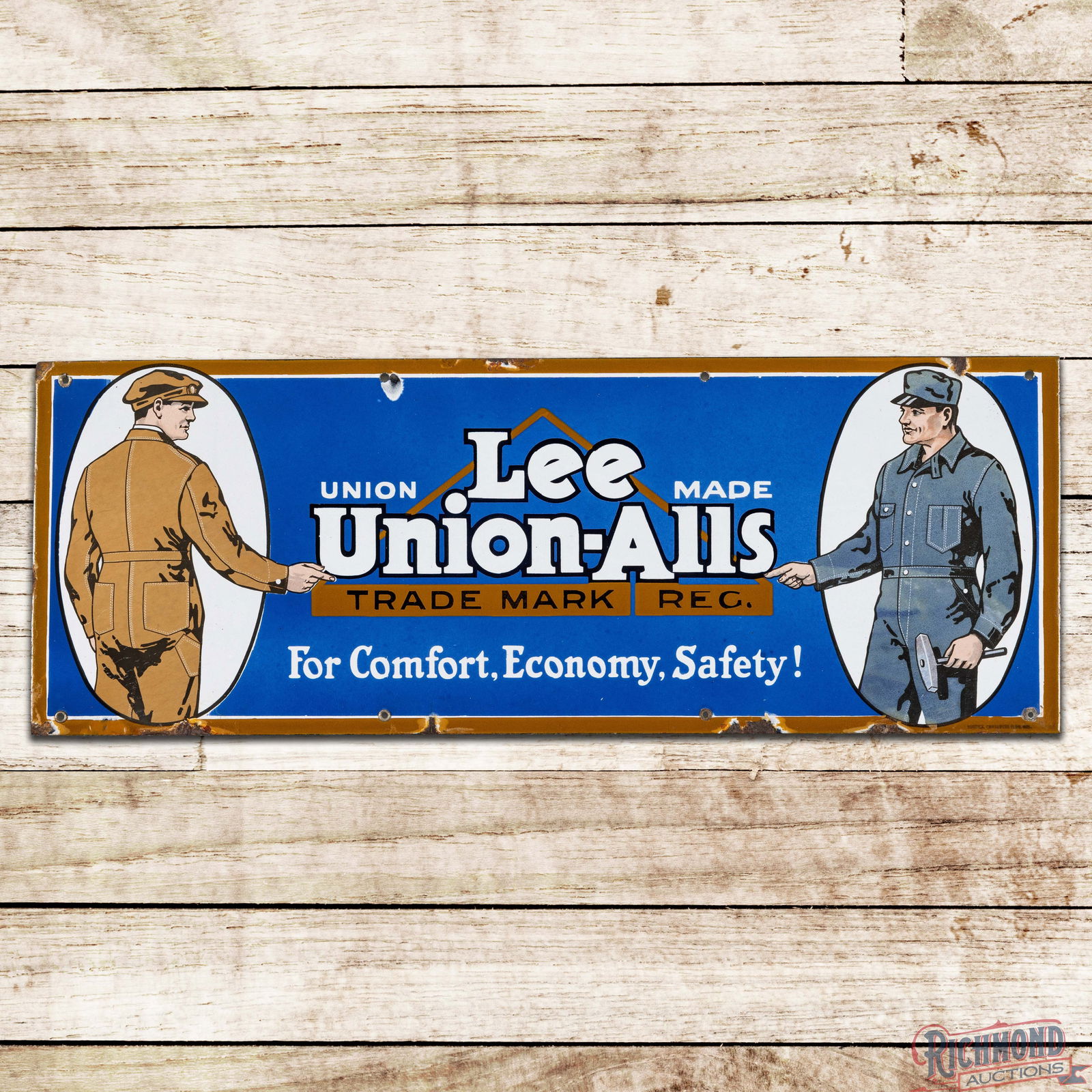 Lee Union-Alls "For Comfort, Economy, Safety!" Single Sided Porcelain Sign: SSP (Single Sided Porcelain) sign has excellent color and gloss. The field s are very clean overall with areas of discoloration in the lower portion of the graphic in the outer right field. The