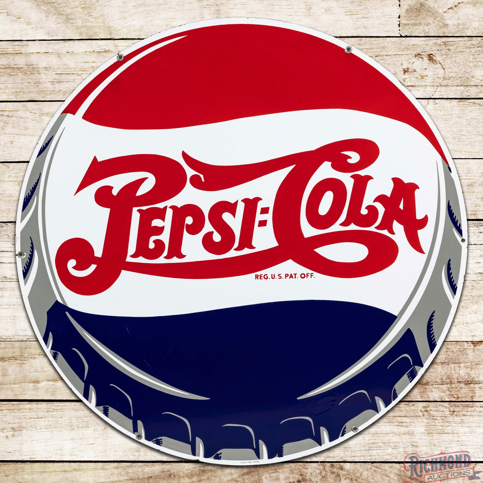 Impressive Pepsi Cola 42" Single Sided Porcelain Sign "Double Dot" Bottle Cap: SSP (Single Sided Porcelain) sign has day one color and gloss. The fields are exceptionally clean with minor factory imperfections and a fine scratch in the lower left outer field. The perimeter has a