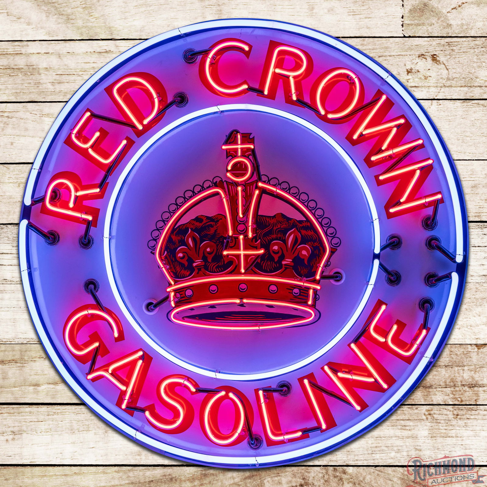 Red Crown Gasoline 42" Single Sided Porcelain Neon Sign w/ Logo: SSP (Single Sided Porcelain) sign with added neon and a metal can has been professionally restored. The sign features vivid two-color neon with a red flashing Red Crown graphic and blue inner band. Th