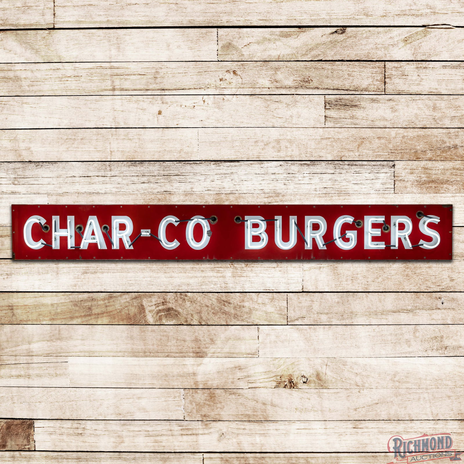 Char Co Burgers Drive In Single Sided Porcelain Factory Neon Sign: SSP (Single Sided Porcelain) factory neon sign with metal can and pole ceiling mount has excellent color and gloss. The display is very clean overall with minor surface wear and a chip in the edge of