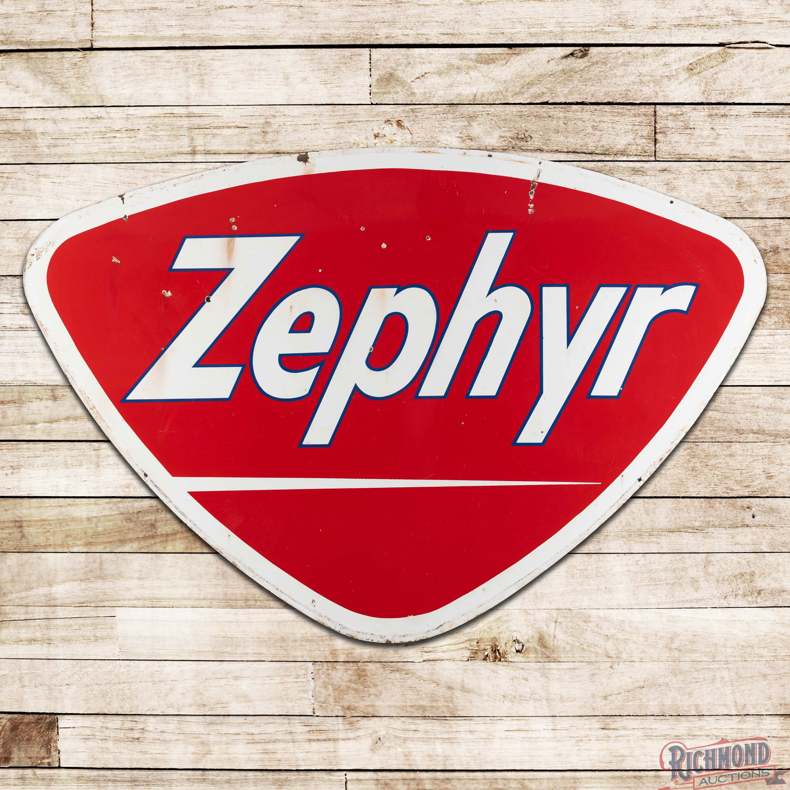 Zephyr Gasoline 8' Double Sided Porcelain ID Sign: DSP (Double Sided Porcelain) die cut sign has very good color and gloss. Side #1 has light surface wear with chips in the fields and discoloration in the lettering. The perimeter has additional chips