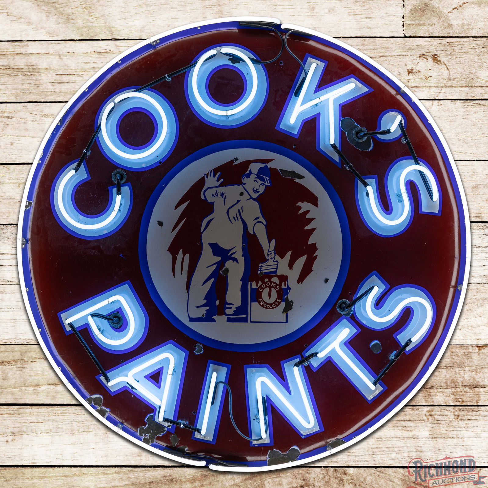 Cook's Paints 54" Single Sided Porcelain Emb. Factory Neon Sign: SSP (Single Sided Porcelain) embossed factory neon sign with metal can has very good color and gloss. The field presents with light surface wear, chips and marks in the outer lettering. The perimeter