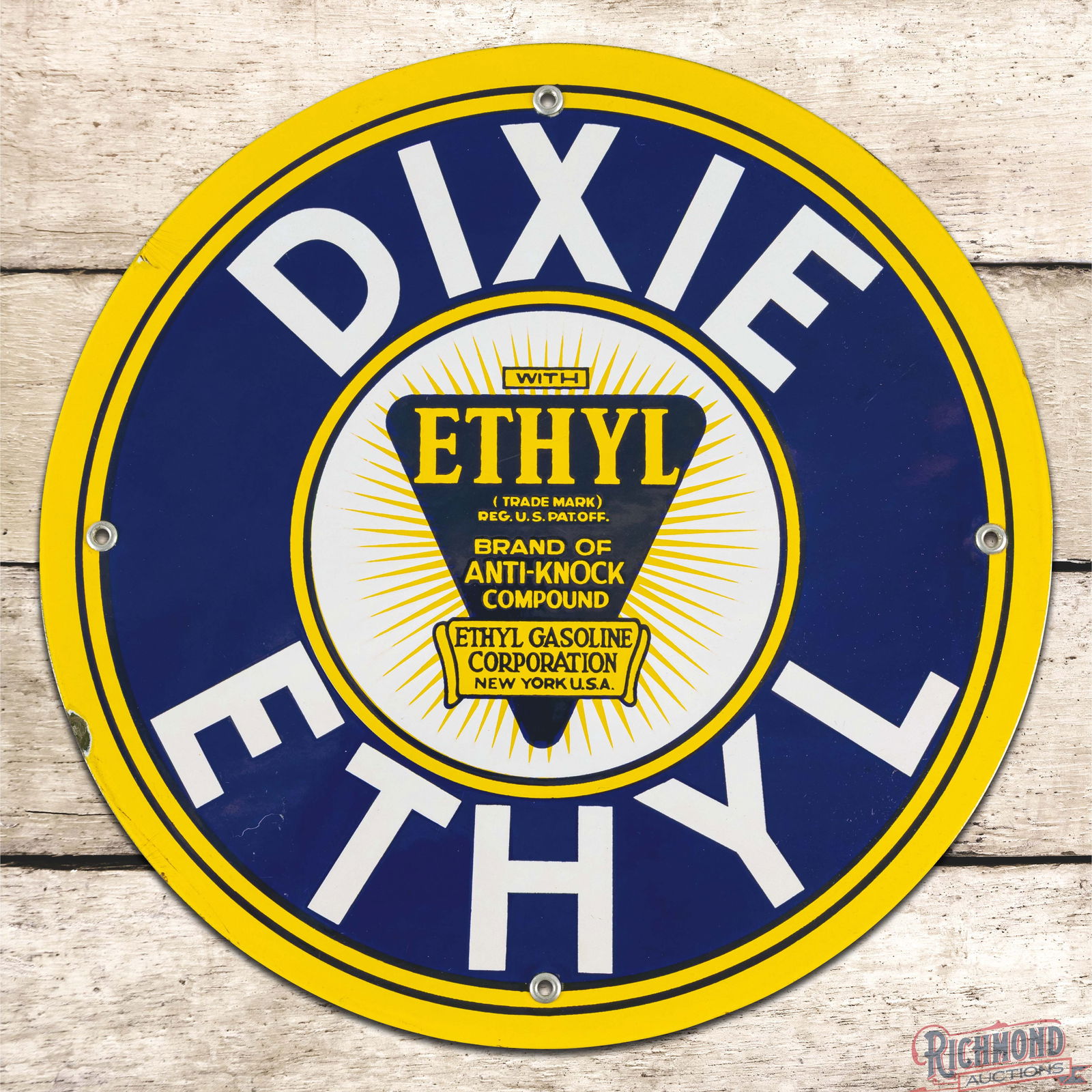 Rare Dixie Ethyl Gasoline Single Sided Porcelain Pump Plate Sign w/ Logo: Outstanding SSP (Single Sided Porcelain) pump plate sign has excellent color and gloss. The fields are clean with minor surface imperfections. The perimeter has light wear with small chips and an