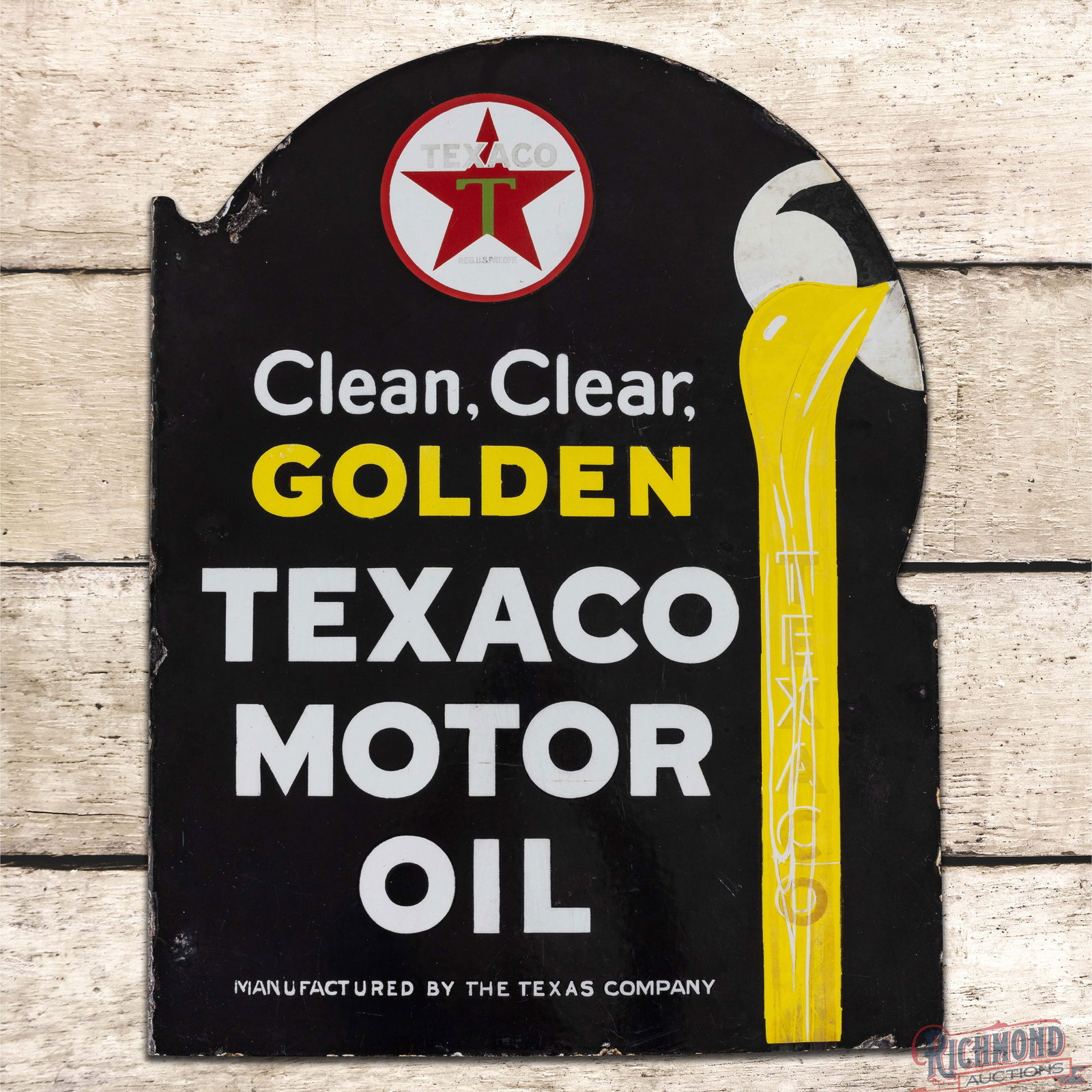 Clean Clear Golden Texaco Motor Oil Double Sided Porcelain Flange Sign w/ Logo: DSP (Double Sided Porcelain) sign has excellent color and gloss. The display has light surface wear with chipping along the outer edges. The reverse has additional surface wear with fading and less