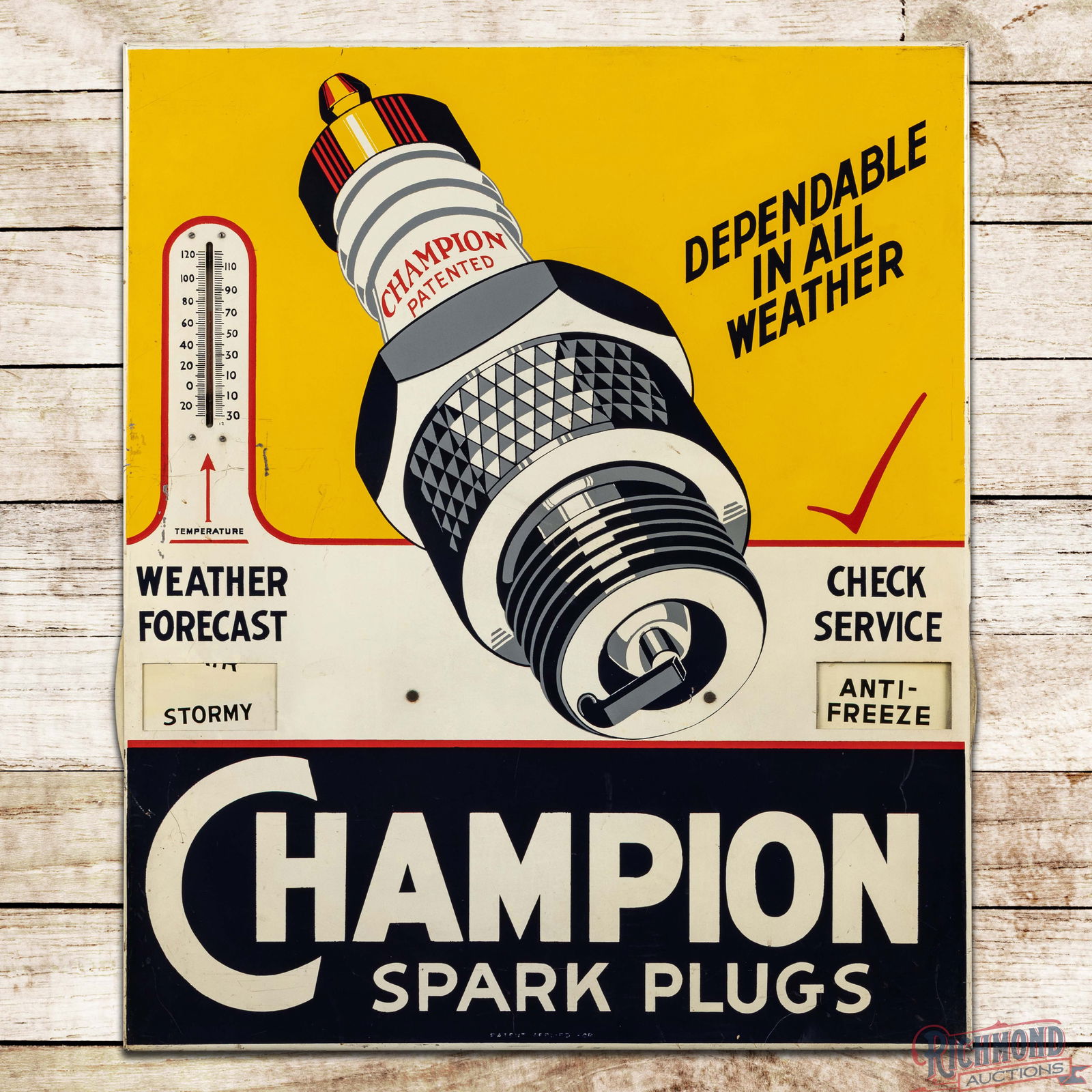 Champion Spark Plugs Weather Forecast Check Service Single Sided Tin Thermometer Sign: SST (Single Sided Tin) sign with the factory wooden frame and thermometer has excellent color and shine. The tube is intact and works as it should. The field features a huge spark plug graphic with