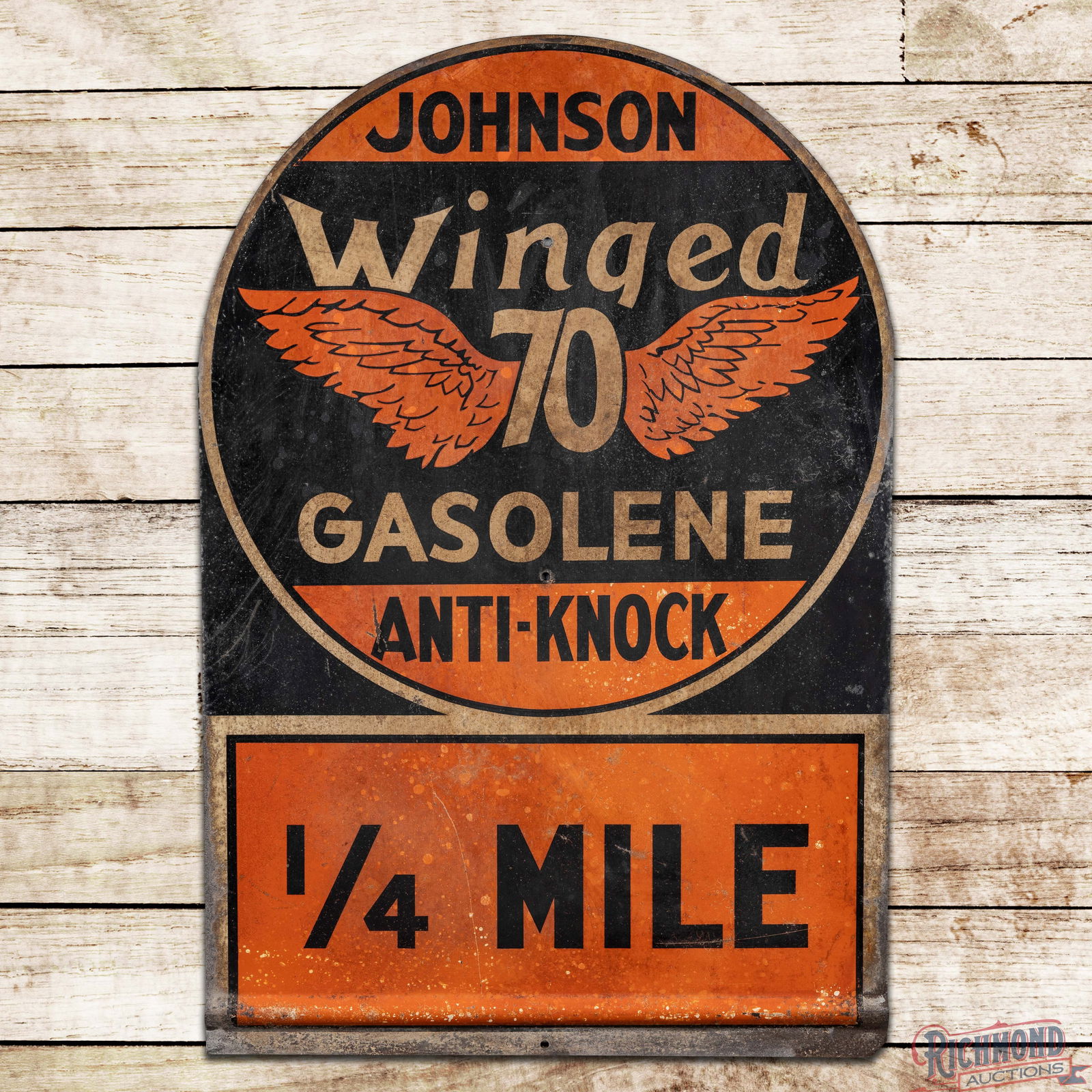 Rare Johnson Winged 70 Anti-Knock Gasolene 1/4 Mile Single Sided Tin Tombstone Sign w/ Logo: SST (Single Sided Tin) tombstone sign has good color and moderate shine. The sign exhibits general surface wear with toning, oxidation, fine scratches and small discolored spots. The perimeter is
