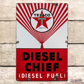 1940 Texaco Diesel Chief Gas Pump Plate Sign w/ Wide Spray