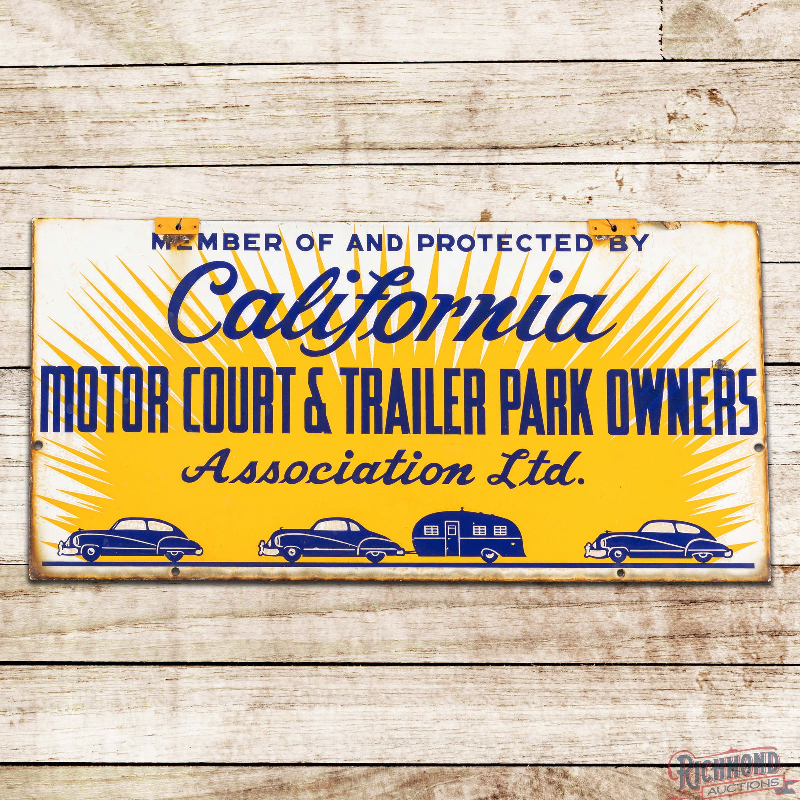Rare California Motor Court & Trailer Park Owners Assoc. Double Sided Porcelain Sign w/ Automobiles: Scarce DSP (Double Sided Porcelain) sign with a custom white birch hanging rod has good color. The display features a large sunburst with automobile and trailer graphics in the lower fields. The