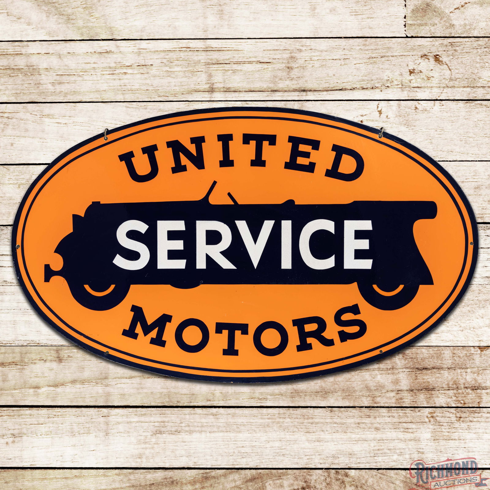 United Motors Service 4' Double Sided Porcelain Sign w/ Automobile: DSP (Double Sided Porcelain) sign has excellent color and gloss. The display and reverse have been clear coated to enhance the finish. Side #1 has areas of light surface wear with small areas of flaki