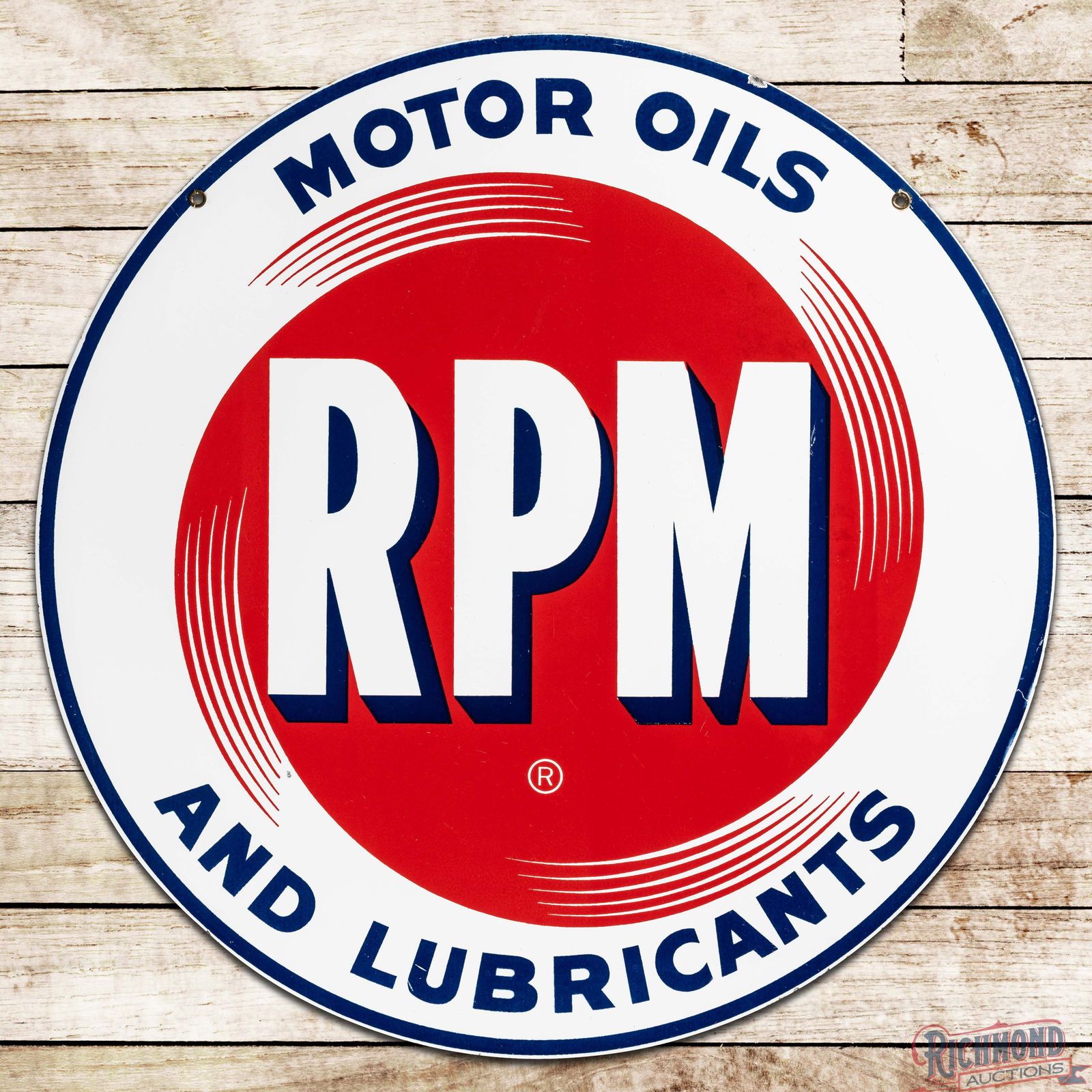 RPM Motor Oils and Lubricants 28" Double Sided Porcelain Sign: DSP (Double Sided Porcelain) sign has day one color and gloss. Side #1 is exceptionally clean with minor surface imperfections and a tiny chip in the lower left field. The perimeter has small chips al