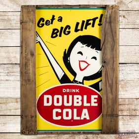 Amazing NOS Drink Double Cola "Get a Big Lift" Emb. Single Sided Tin Sign w/ Crate