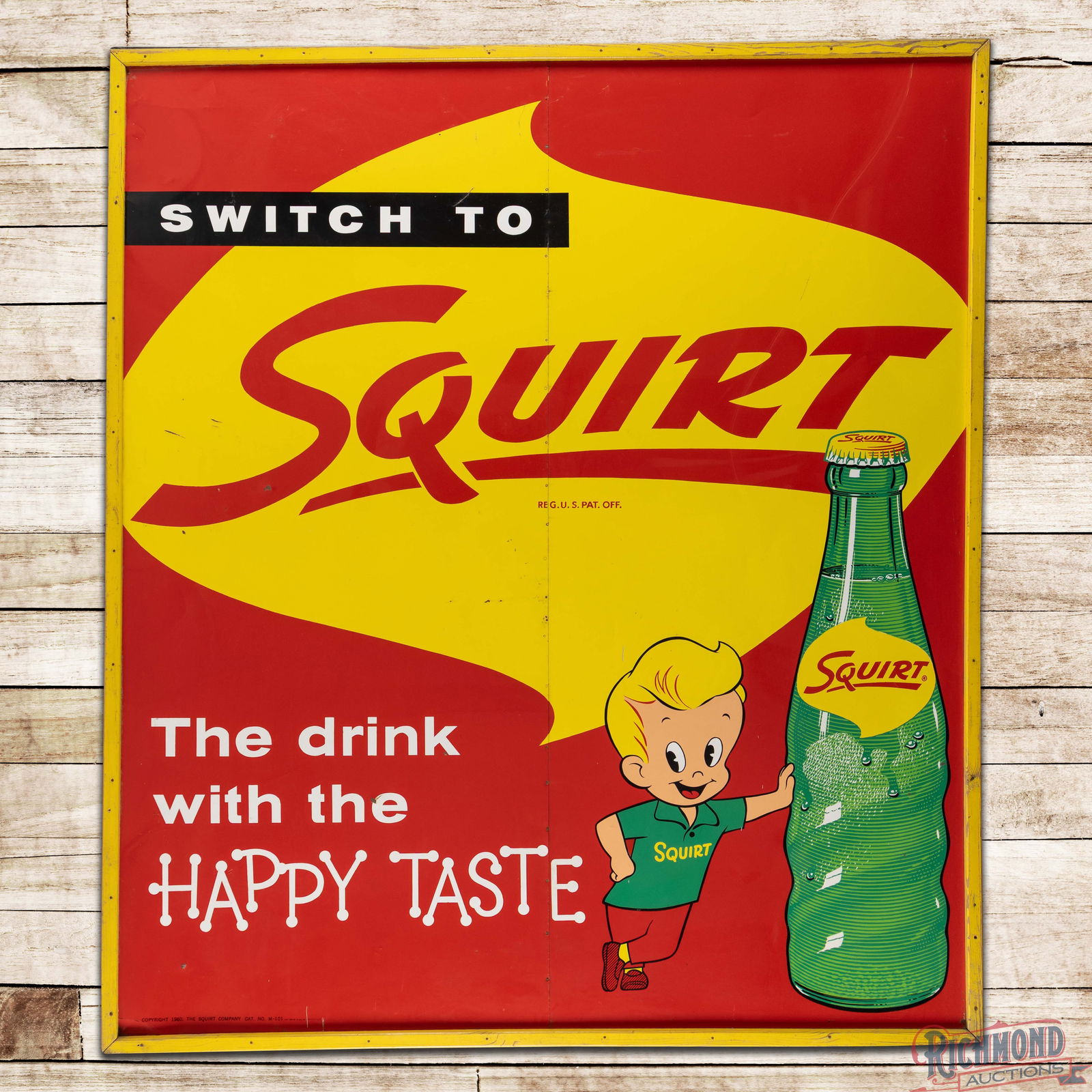 Switch to Squirt "The Drink with the Happy Taste" 8' Single Sided Tin Billboard Sign w/ Boy & Bottle: SST (Single Sided Tin) sign with the factory wooden frame has excellent color and shine. The field exhibits paint chips with minor oxidation, small dings and errant paint drips. The perimeter has a