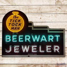 Beerwart Jeweler "The Tick Tock Man" Single Sided Porcelain Die Cut Factory Neon Sign w/ Pocket