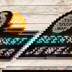Beerwart Jeweler "The Tick Tock Man" Single Sided Porcelain Die Cut Factory Neon Sign w/ Pocket: SSP (Single Sided Porcelain) die cut factory neon sign has very good color and gloss. The sign features two-color porcelain enamel and vibrant three-color neon. The display has areas of light surface