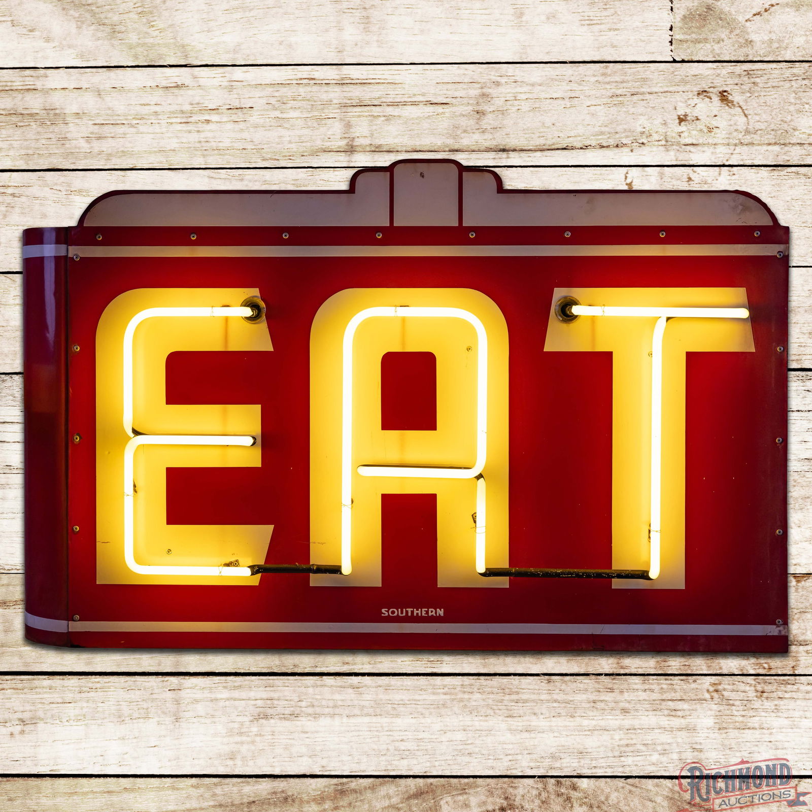 EAT 52" Double Sided Porcelain Factory Neon Sign: DSP (Double Sided Porcelain) factory neon sign with the original metal can has very good color and gloss. The display has light wear with areas of discoloration to the white porcelain enamel and tiny